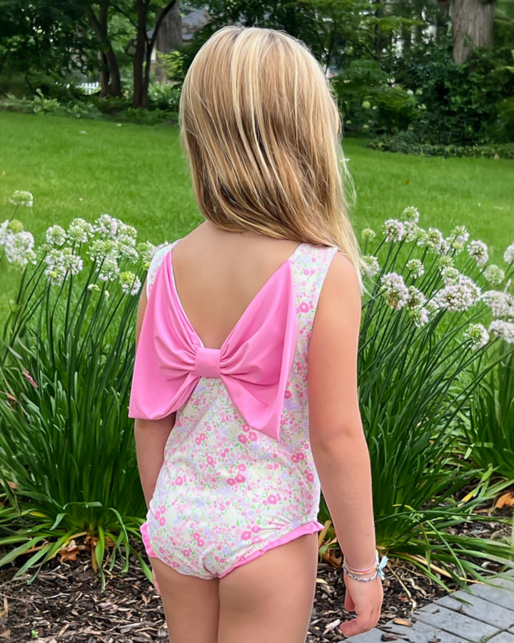 Lottie Fuchsia Floral Girls One Piece Swim, That Store, child bow