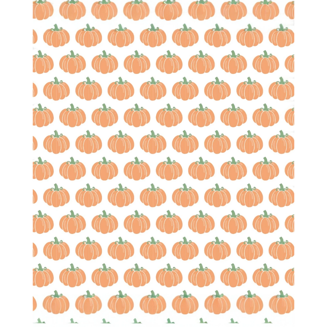 Pattern of orange pumpkins with green stems on a white background