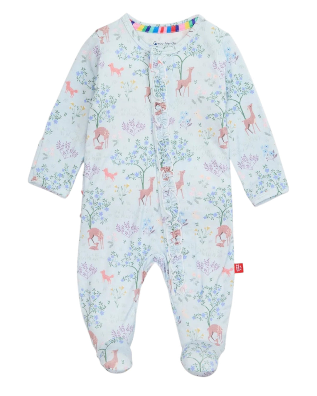 Children's onesie with animal print on a white background