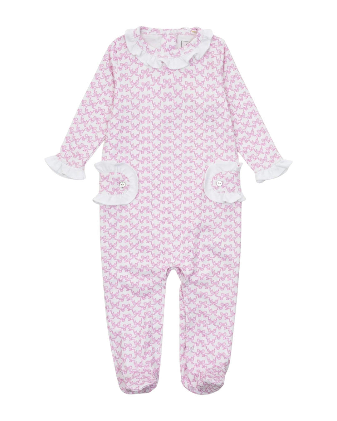 Pink baby onesie with white collar and cuffs on a white background