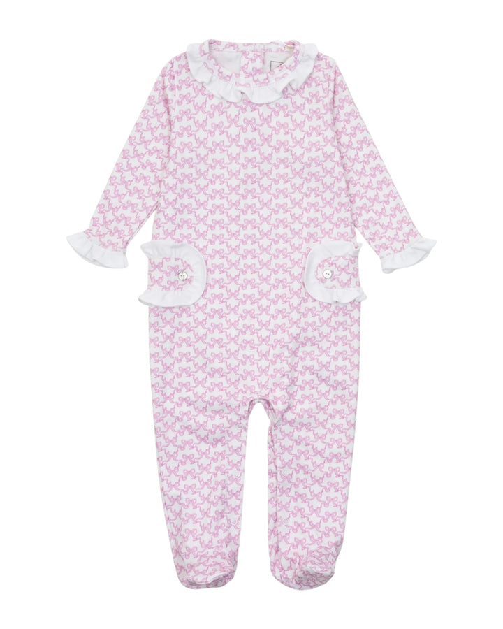 Pink baby onesie with white collar and cuffs on a white background
