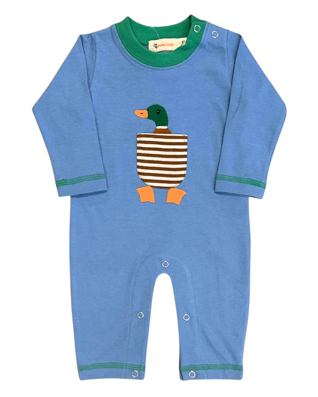 Blue baby romper with a duck design on a white background