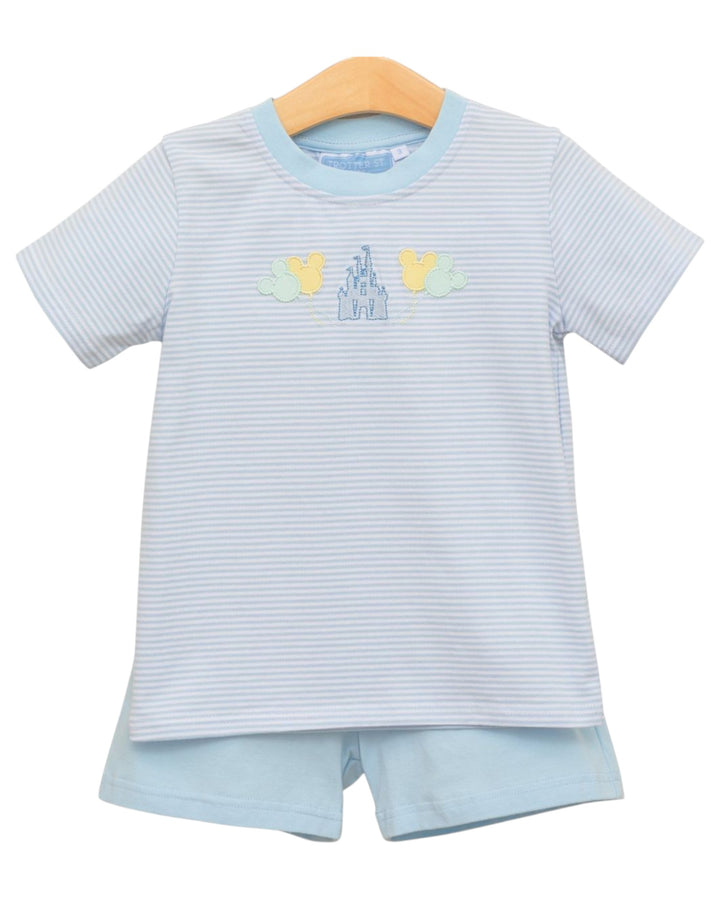 Light blue striped shirt and shorts set with castle design on a white background