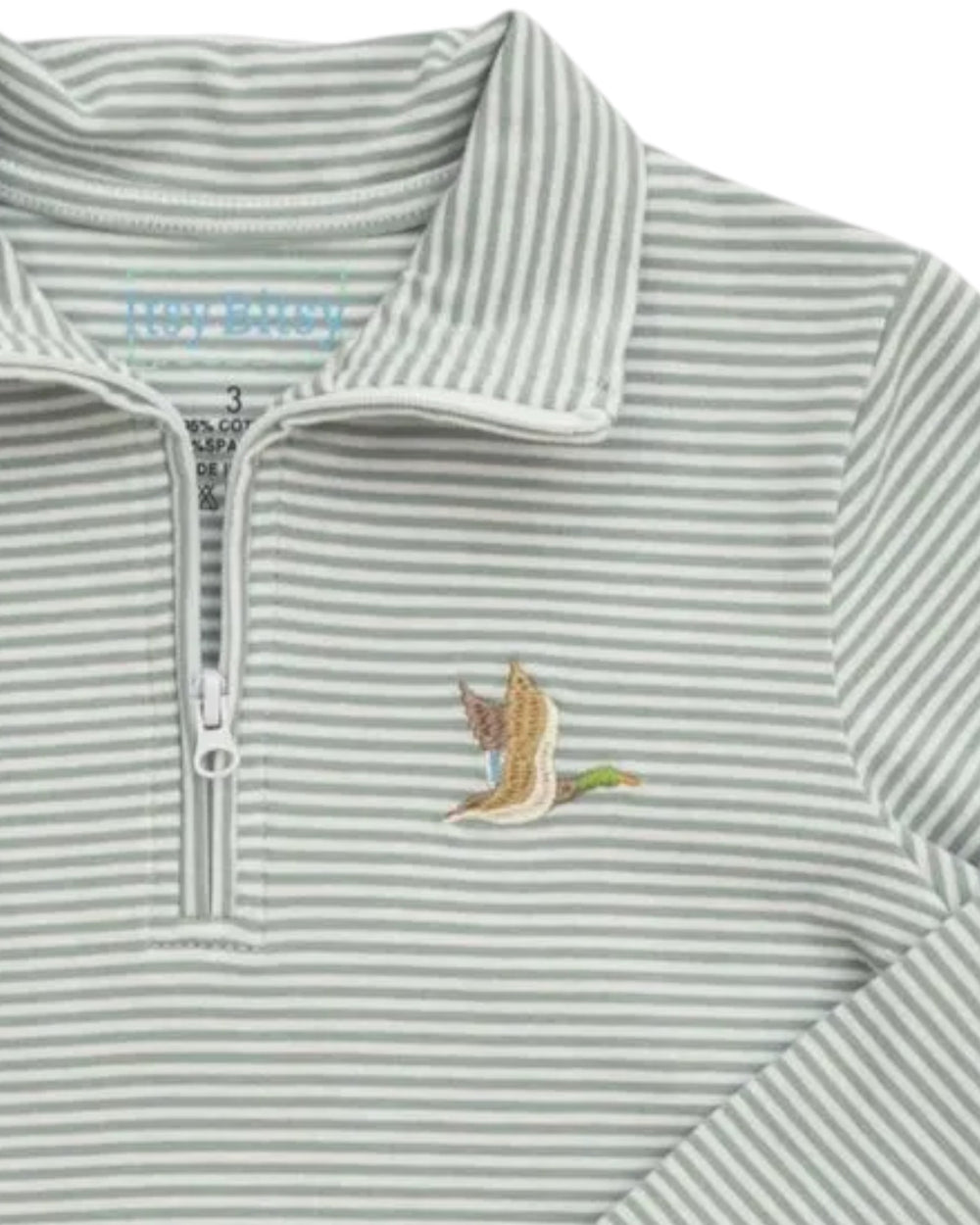 Close-up of a striped quarter-zip pullover top with a small embroidered duck on the chest. The garment has thin green and white horizontal stripes, a white collar, and a white zipper, that store