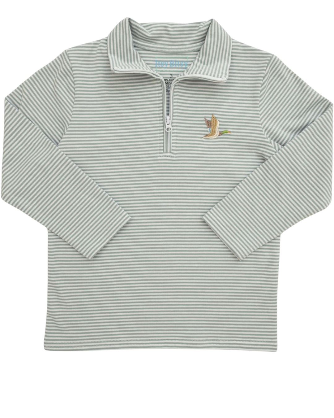 A long-sleeve quarter-zip pullover shirt with thin horizontal green and white stripes, featuring a small embroidered bird logo on the left chest, displayed on a clean white background, that store