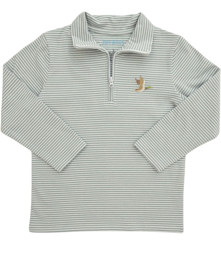 A long-sleeve quarter-zip pullover shirt with thin horizontal green and white stripes, featuring a small embroidered bird logo on the left chest, displayed on a clean white background, that store