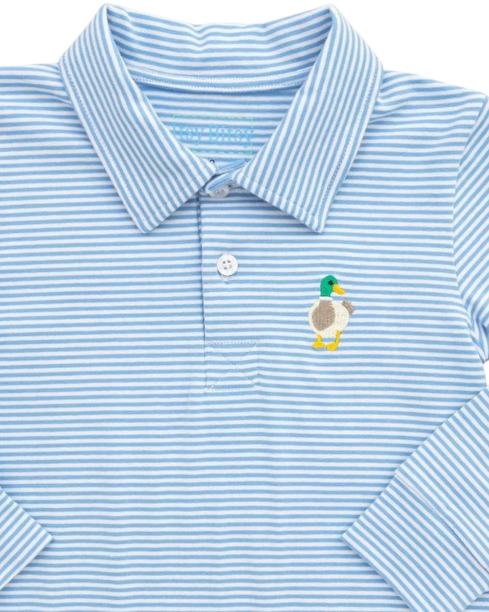 Blue striped polo shirt with a duck emblem on a white background