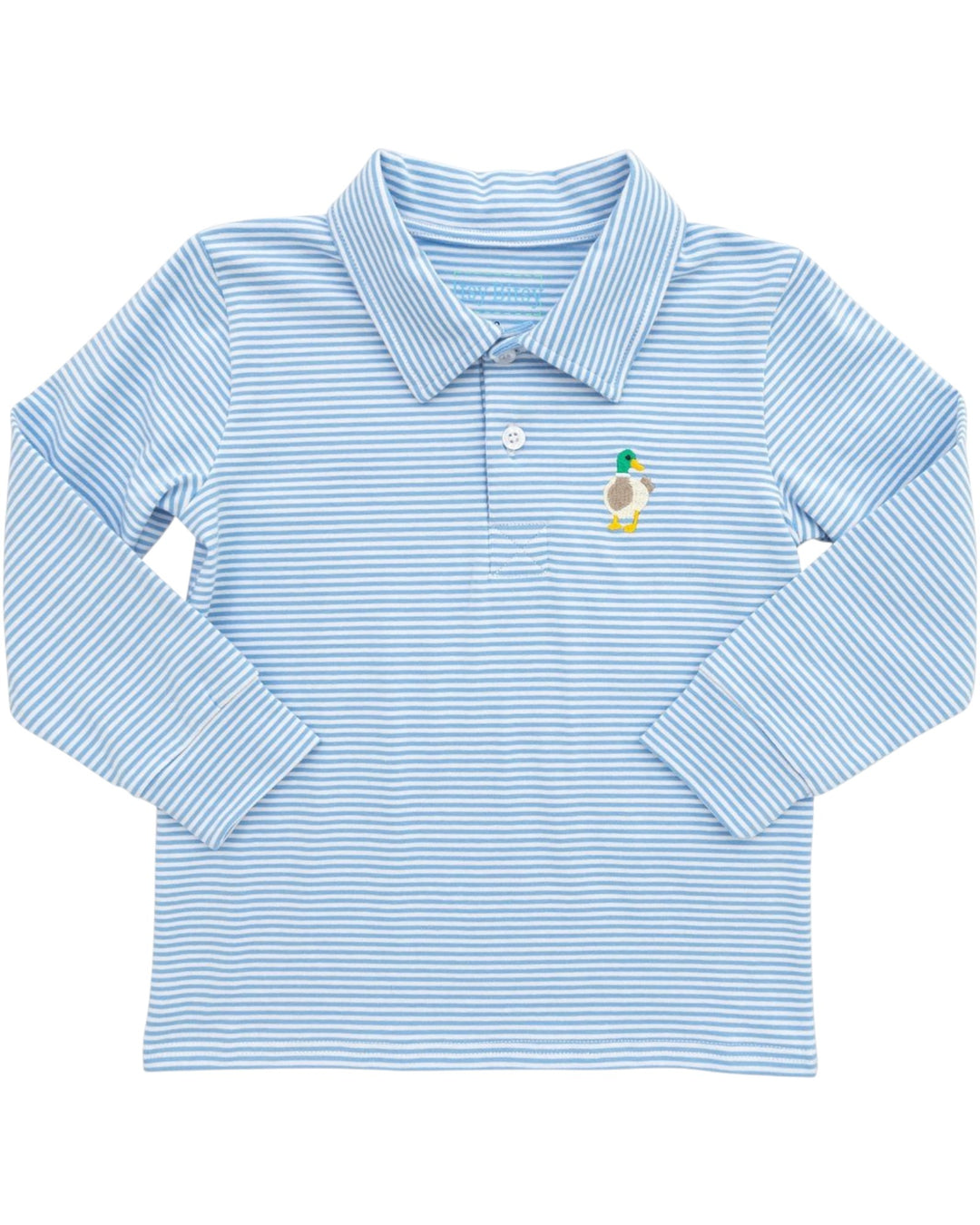 Blue striped long-sleeve polo shirt with a small logo on a white background