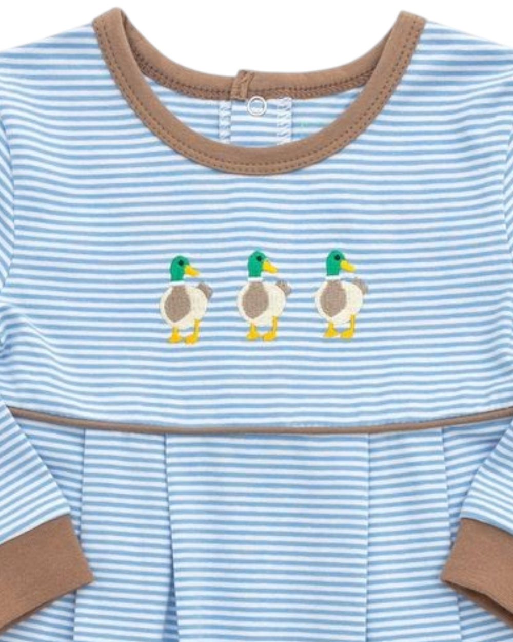 Baby romper with duck design and blue and white stripes