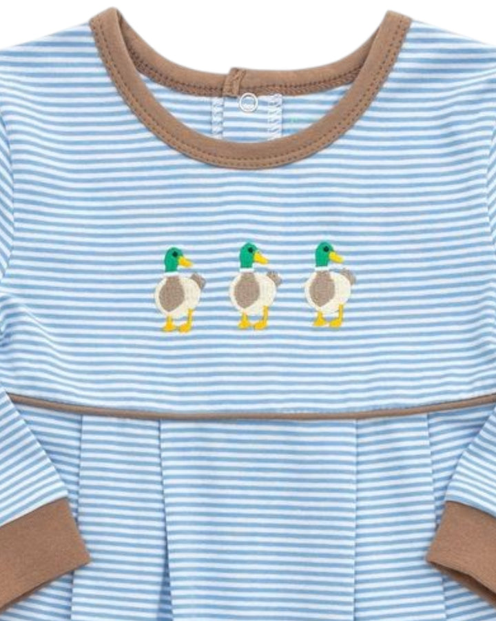 Baby romper with duck design and blue and white stripes
