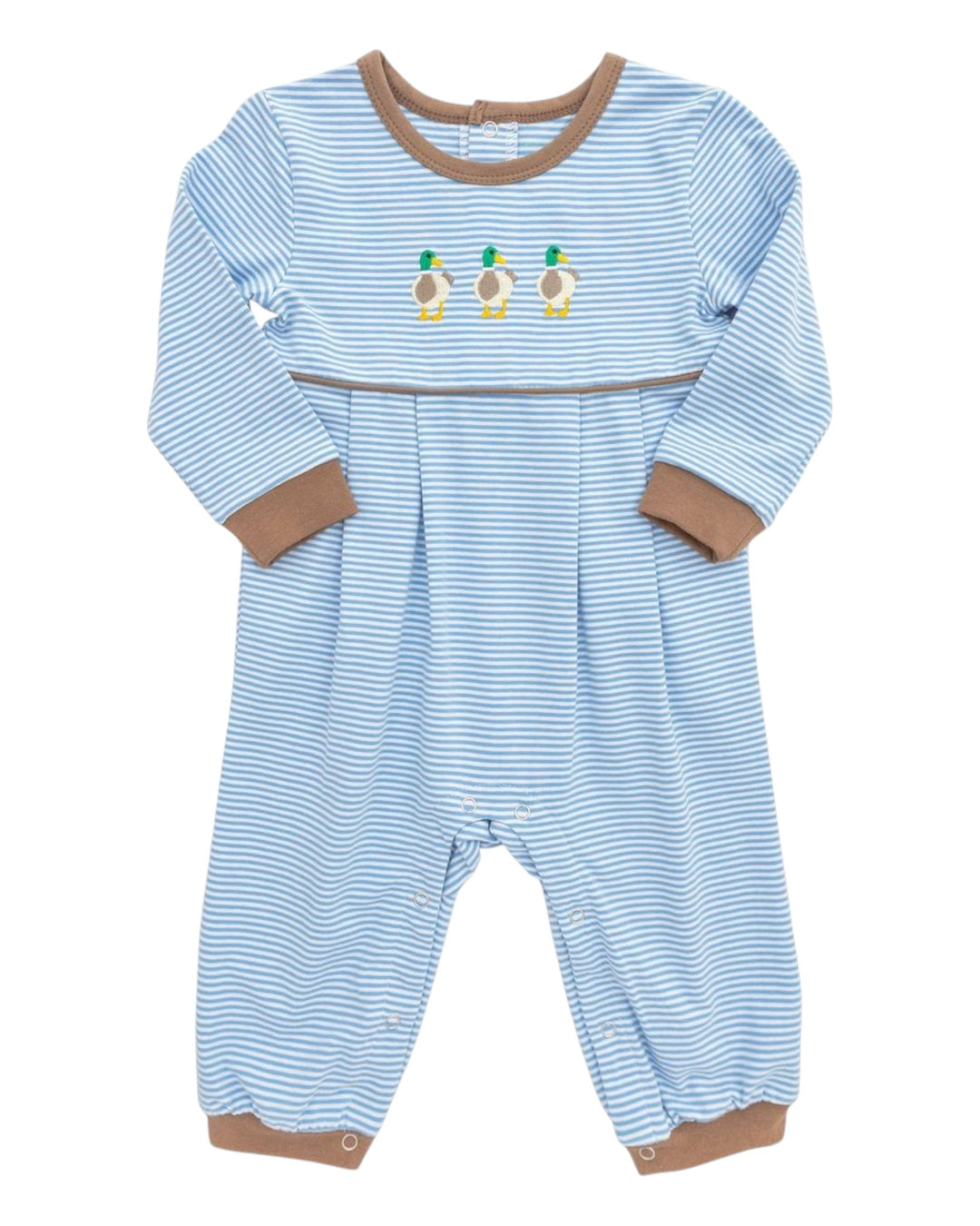 Blue striped baby romper with brown accents on a white background