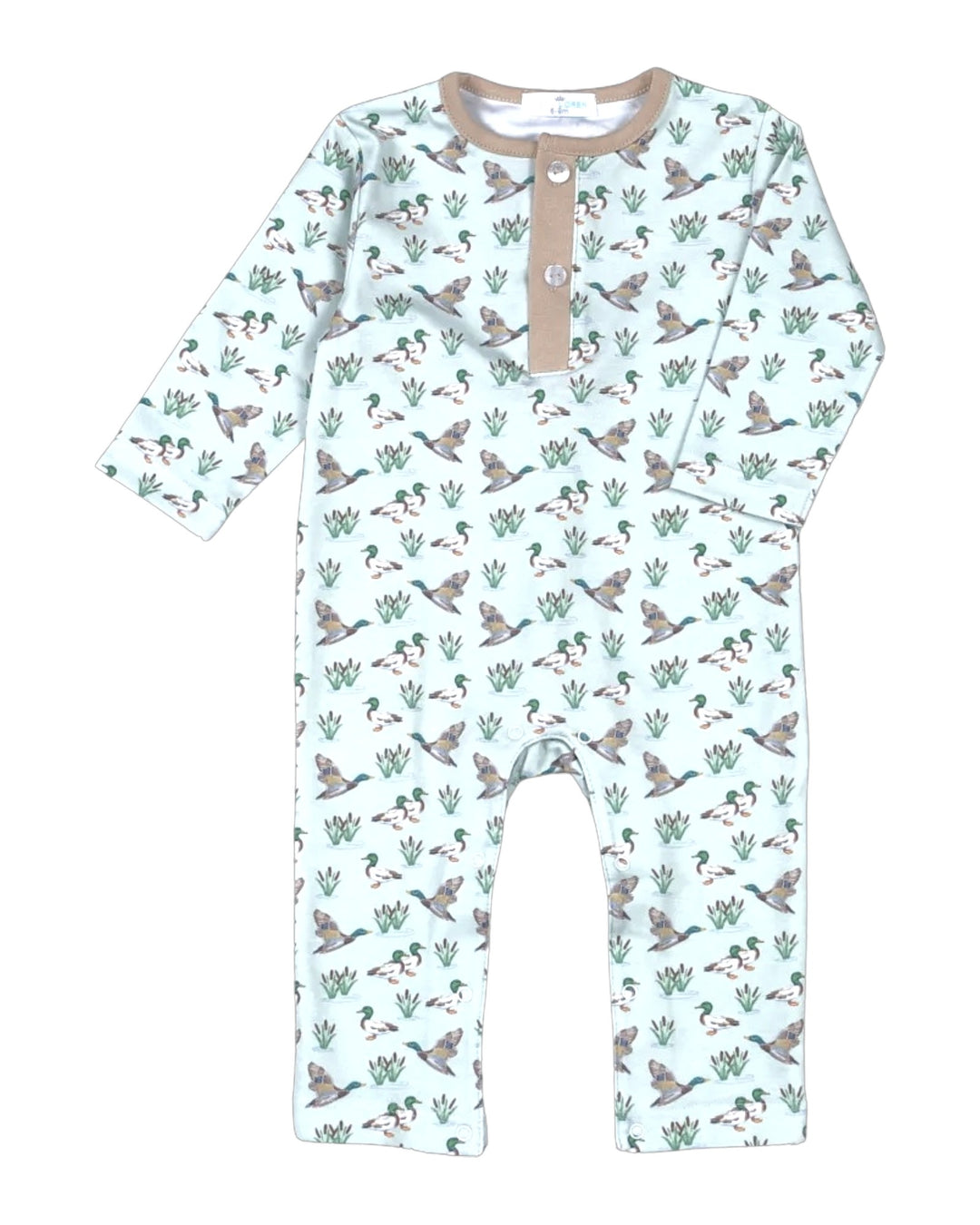 A baby long-sleeve romper in a pale mint green color, featuring an all-over print of ducks, geese, and ducklings with green reeds. It has a tan Henley-style collar with three buttons, that store