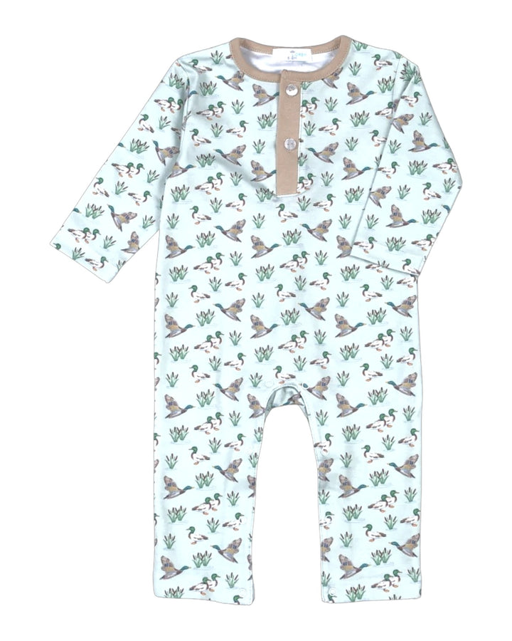 A baby long-sleeve romper in a pale mint green color, featuring an all-over print of ducks, geese, and ducklings with green reeds. It has a tan Henley-style collar with three buttons, that store