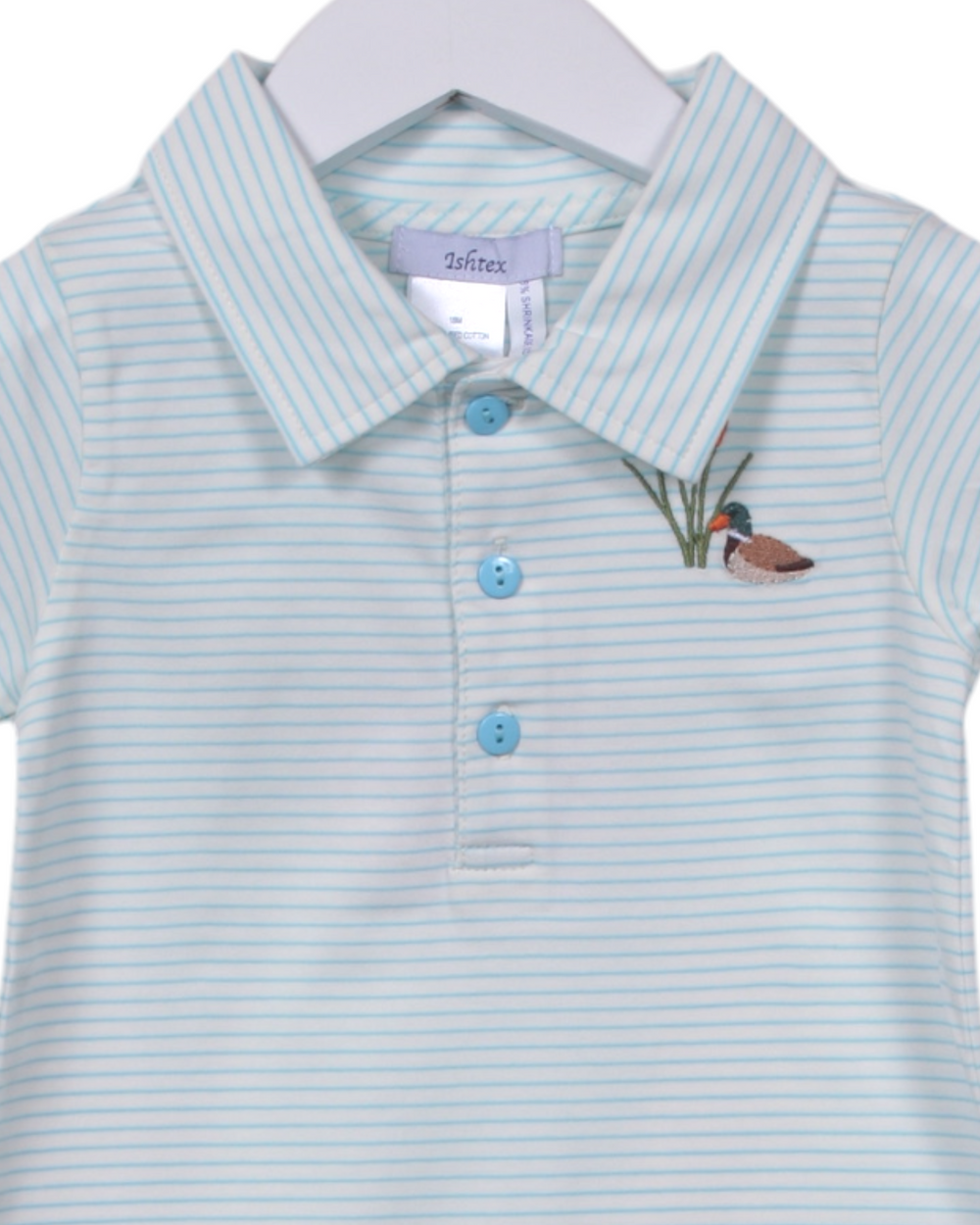 Mallard Embroidered Aqua Stripe Boys Romper, That Store, close