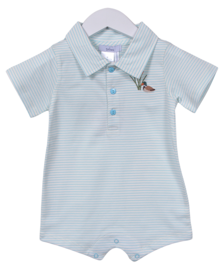 Mallard Embroidered Aqua Stripe Boys Romper, That Store, front