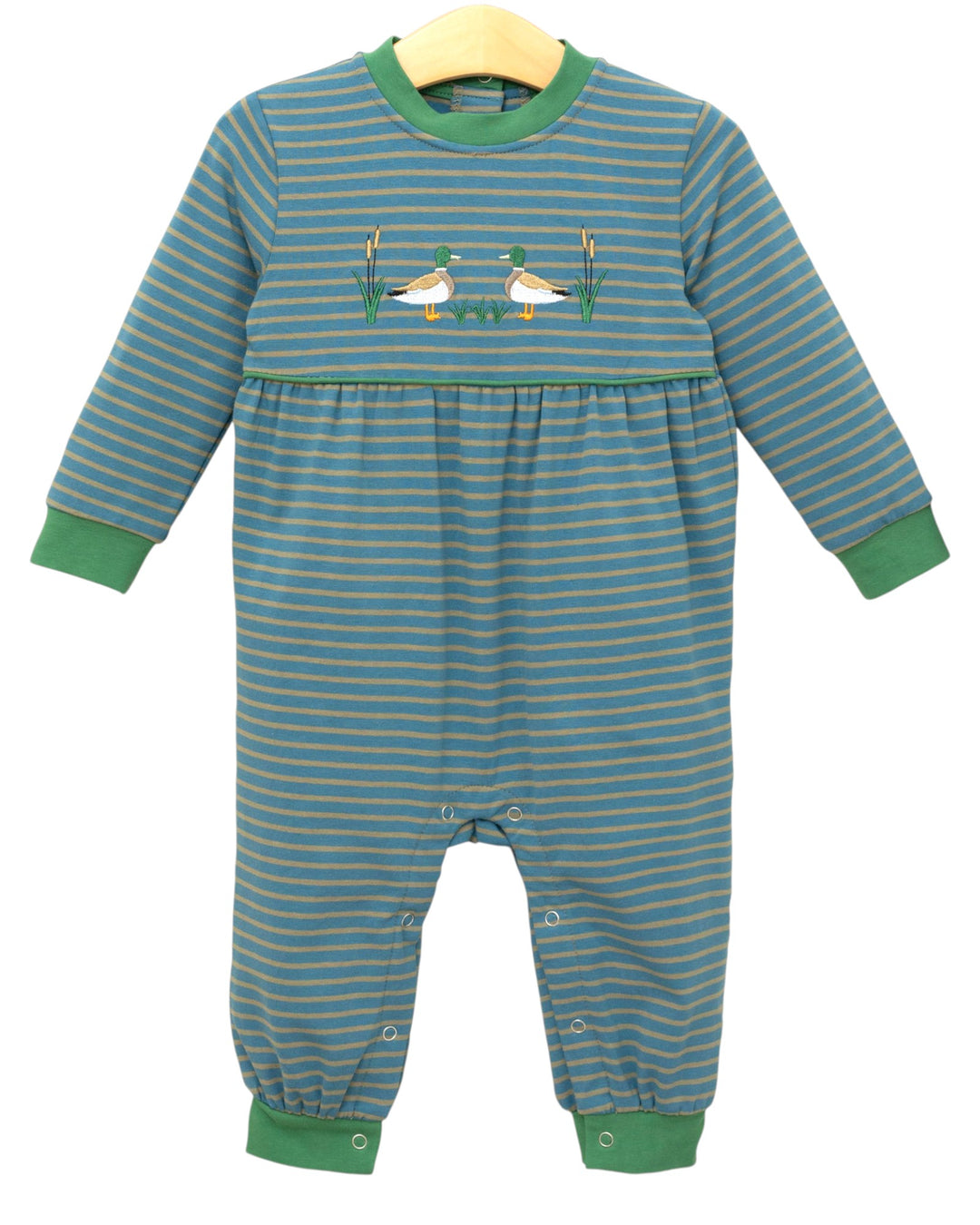Striped baby romper with duck design on a hanger against a white background