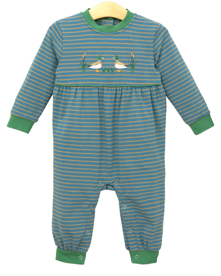 Striped baby romper with duck design on a hanger against a white background