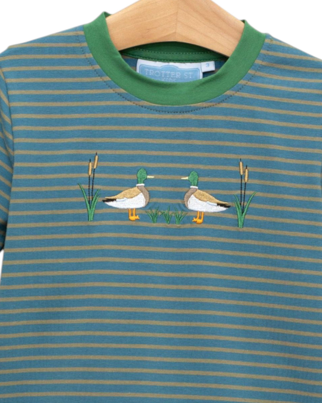 Mallard Embroidery Green Stripe Boys Pant Set