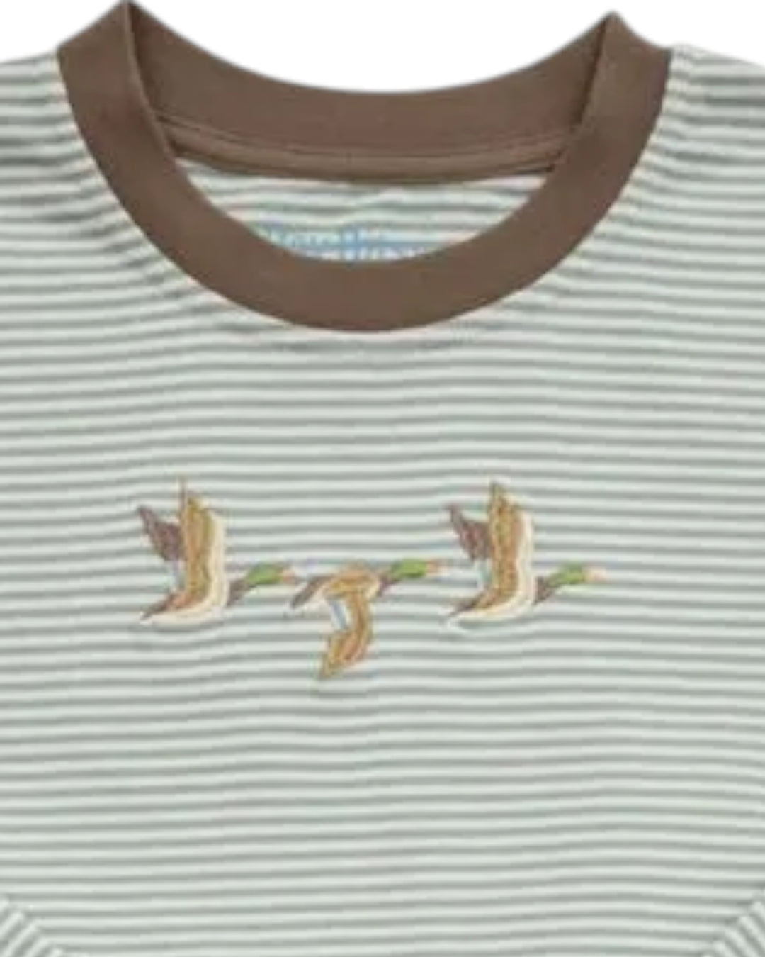 Close-up of a baby or toddler long-sleeve top with thin gray and white horizontal stripes, a brown ribbed crew neck, and an embroidered motif of three flying ducks across the chest, that store