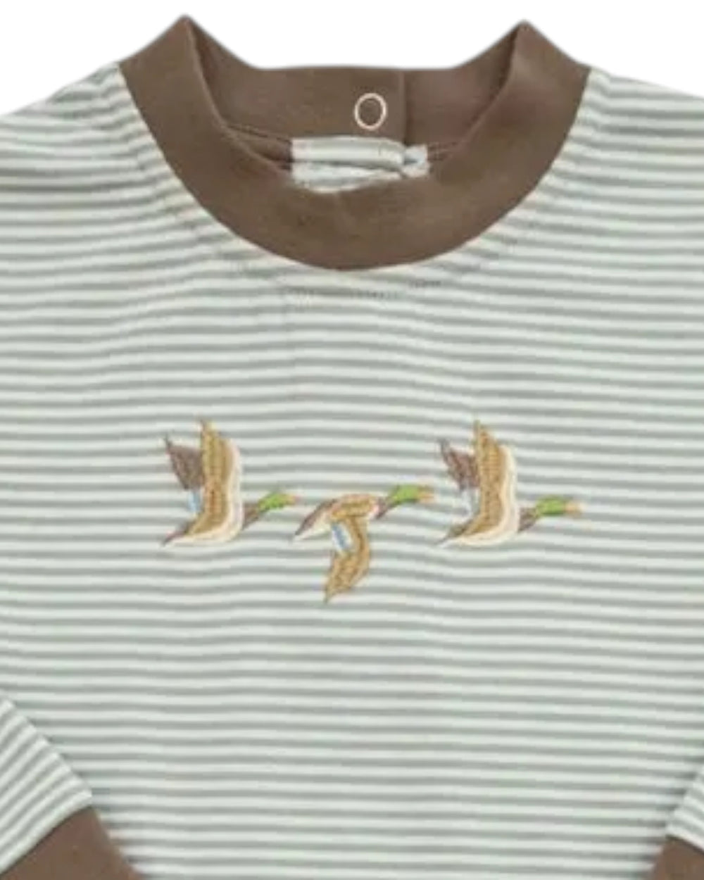 A close-up of a striped baby t-shirt with a brown ribbed crew neck and sleeve cuffs. The shirt features thin horizontal stripes in light gray and white, with a central embroidered motif of three flying ducks in beige and brown tones with small green accents, that store