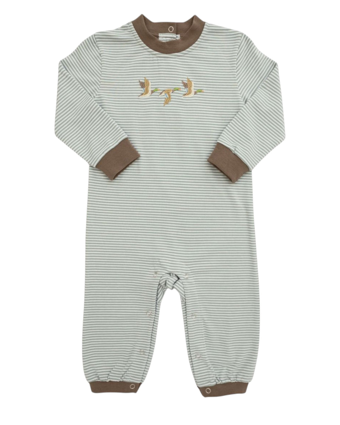 A baby long-sleeve footless one-piece jumpsuit with fine horizontal stripes in sage green and white, featuring solid brown ribbed trim at the crew neck, cuffs, and hems, and a small embroidered bird motif on the chest, that store