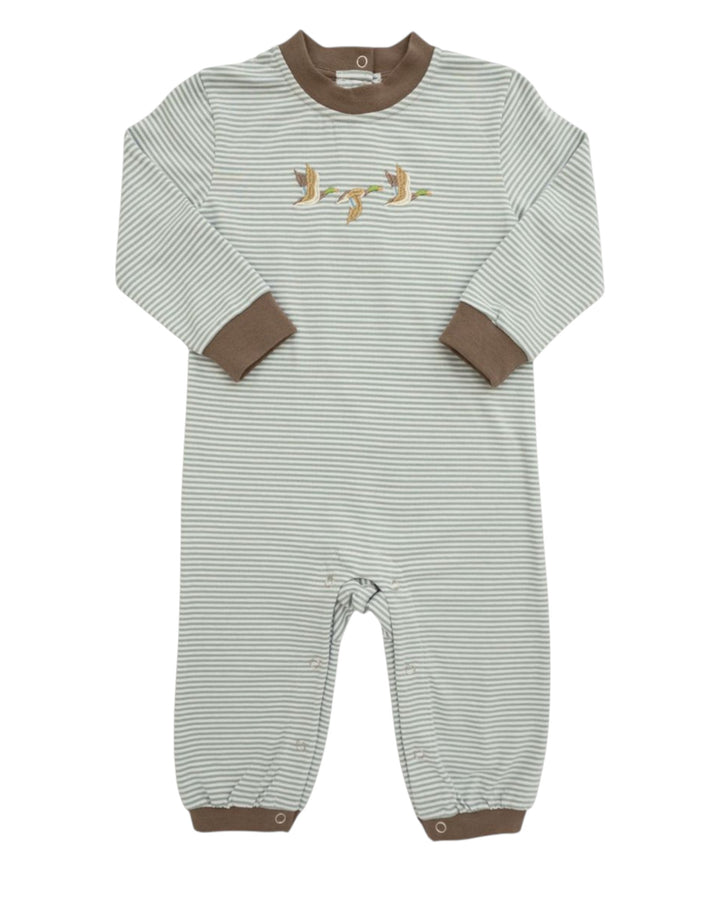 A baby long-sleeve footless one-piece jumpsuit with fine horizontal stripes in sage green and white, featuring solid brown ribbed trim at the crew neck, cuffs, and hems, and a small embroidered bird motif on the chest, that store