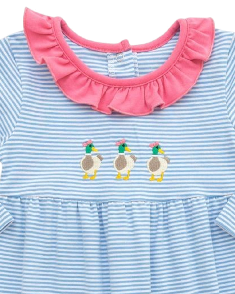 Children's dress with blue and white stripes and pink ruffled collar featuring three duck appliqués.