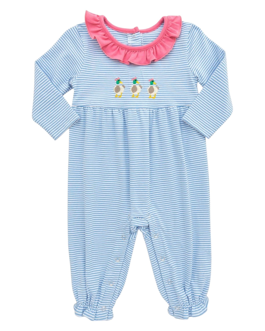 Baby romper with blue stripes and pink ruffled collar on a white background