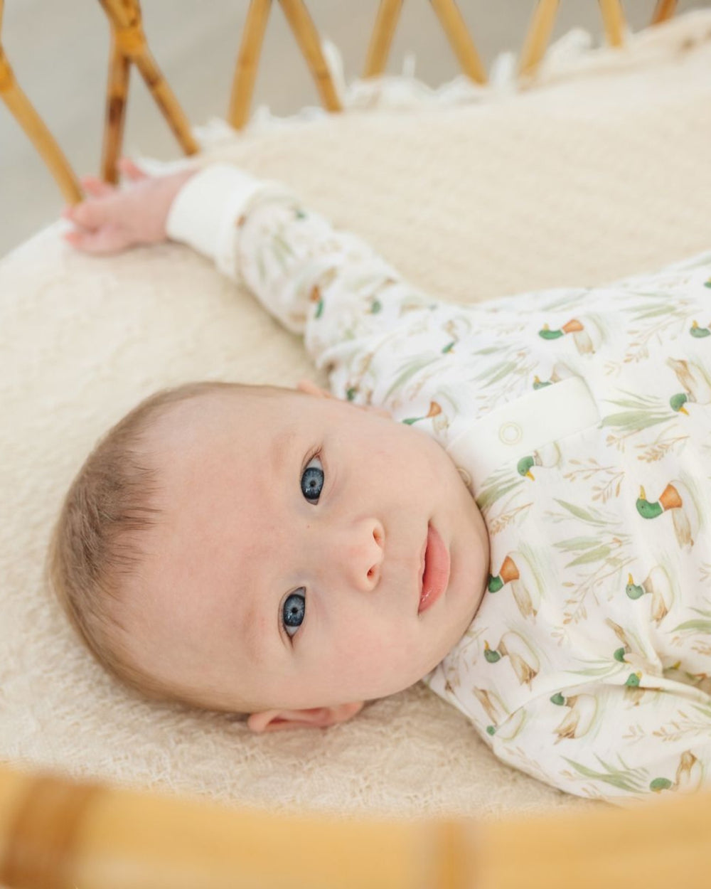 A baby lying on their back in a wooden bassinet, wearing a white long-sleeve onesie with a green and orange duck print, that store