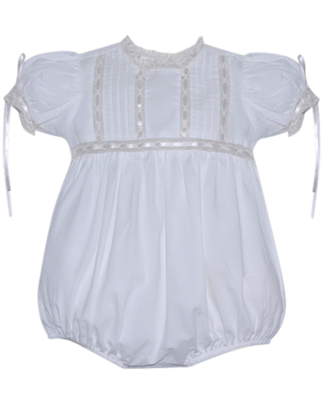 White baby romper with lace details on a white background