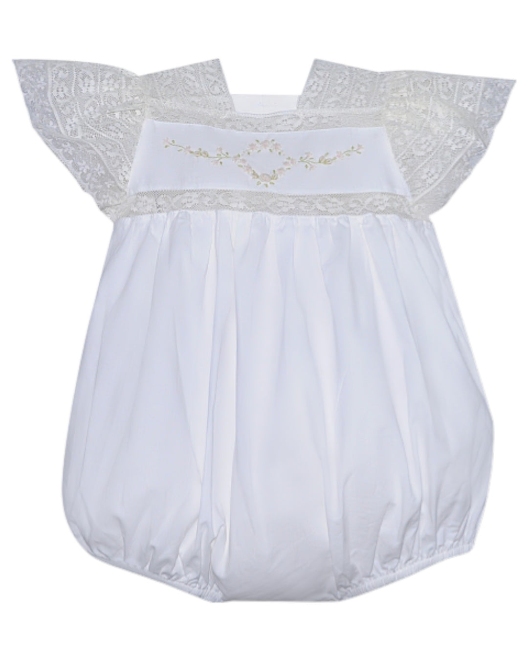 White baby romper with lace details on a white background