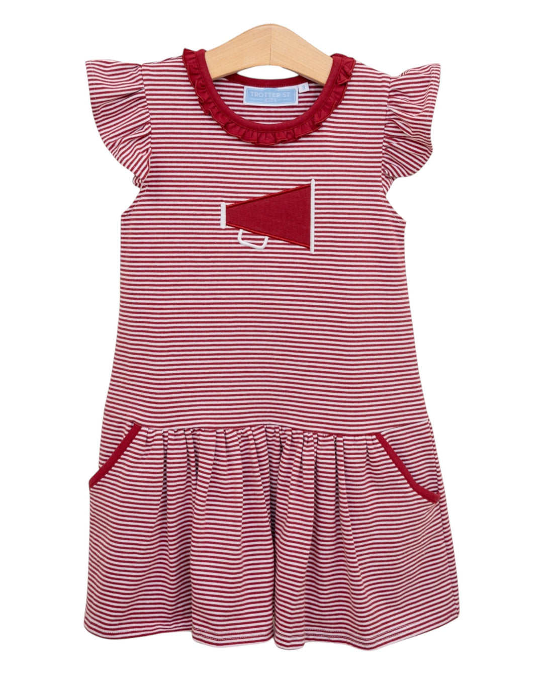 Red and white striped dress with a pocket on a hanger against a white background