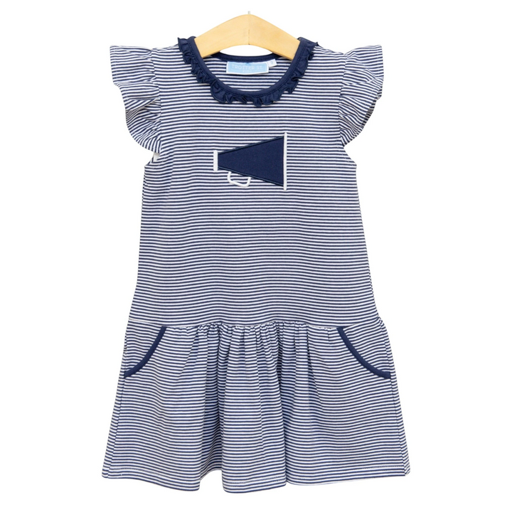 Navy and white striped dress with a megaphone design on a hanger