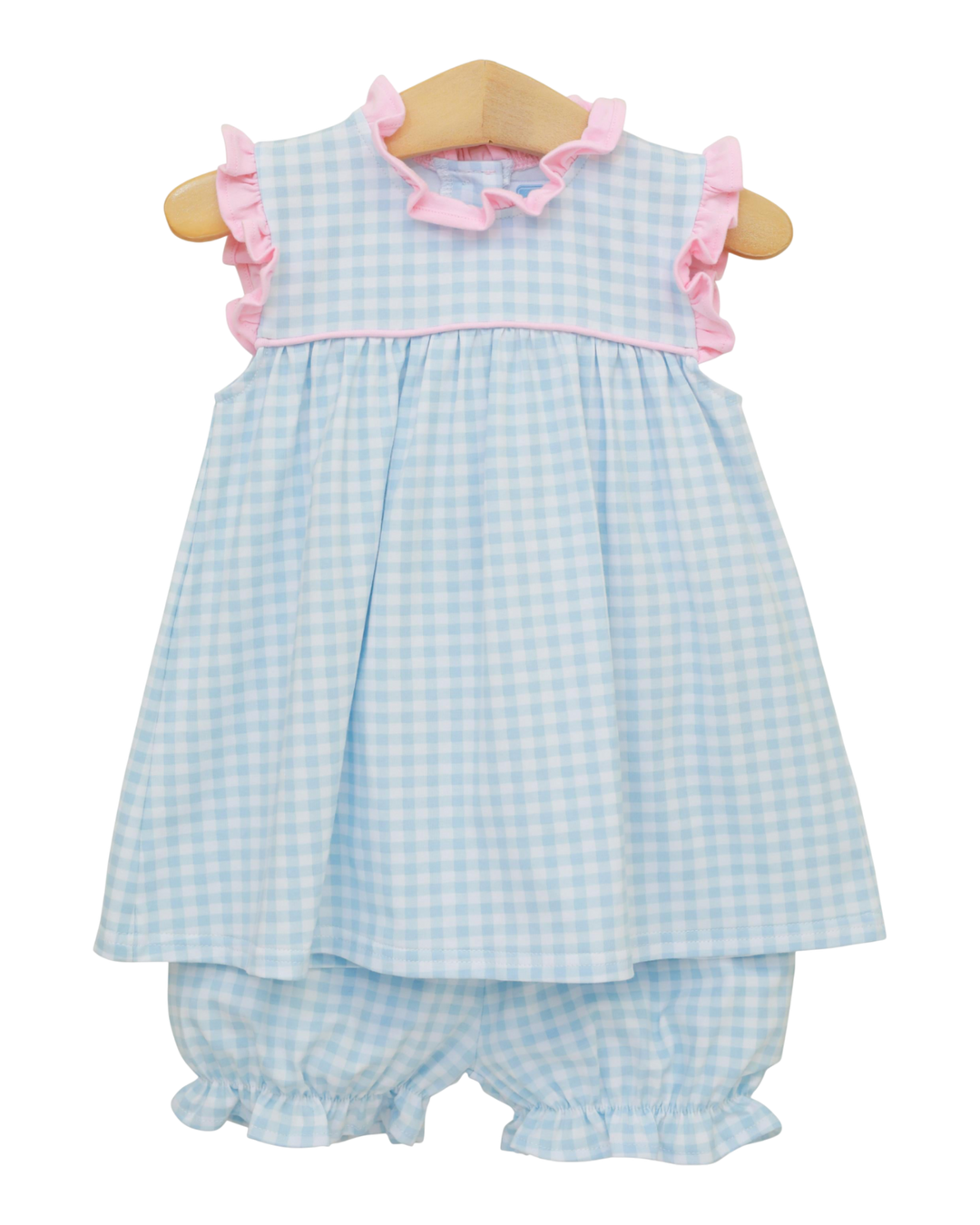 Baby dress and bloomers set with blue checkered pattern and pink trim on a white background
