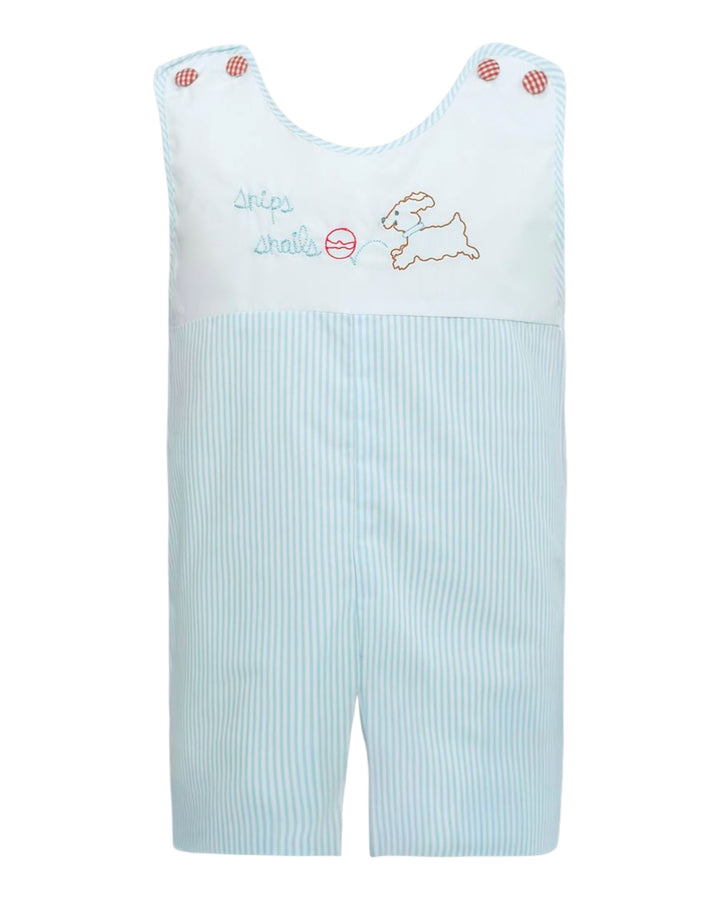 Light blue romper with embroidered design on a white background