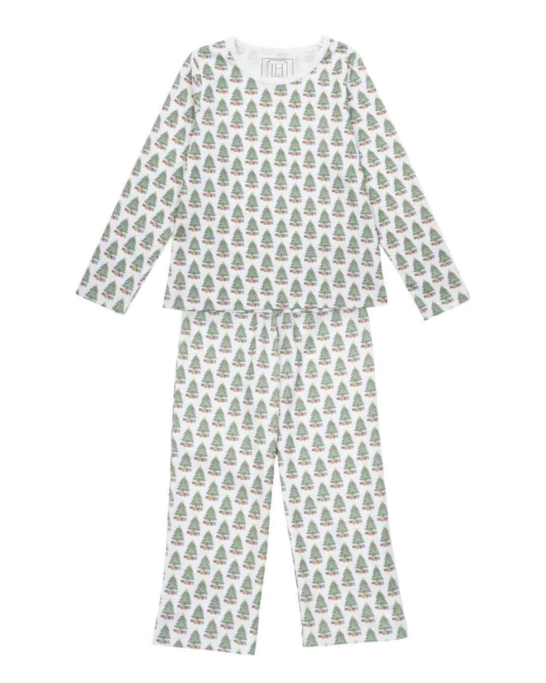 Children's pajama set with Christmas tree pattern on a white background