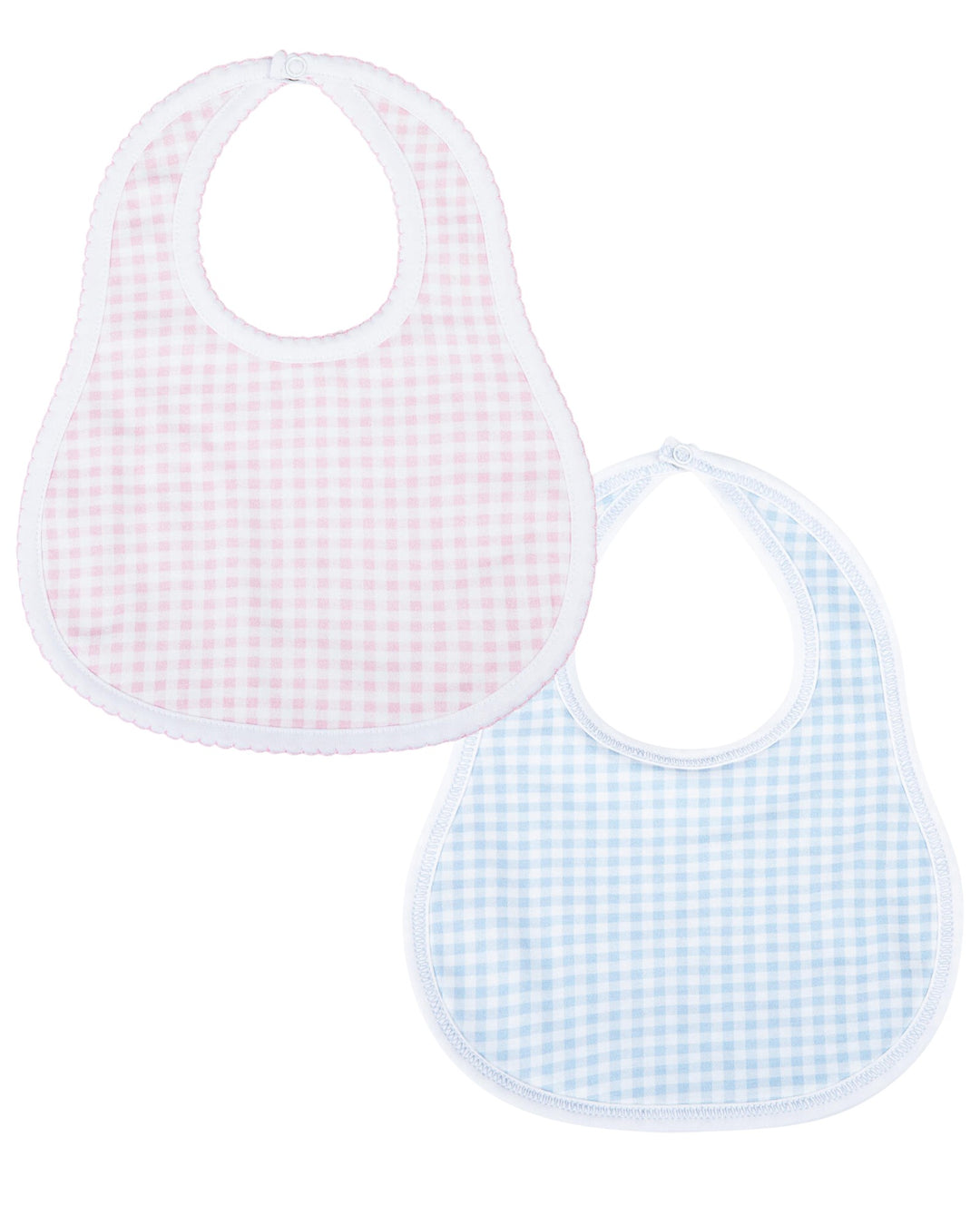 Two baby bibs with pink and blue checkered patterns on a white background