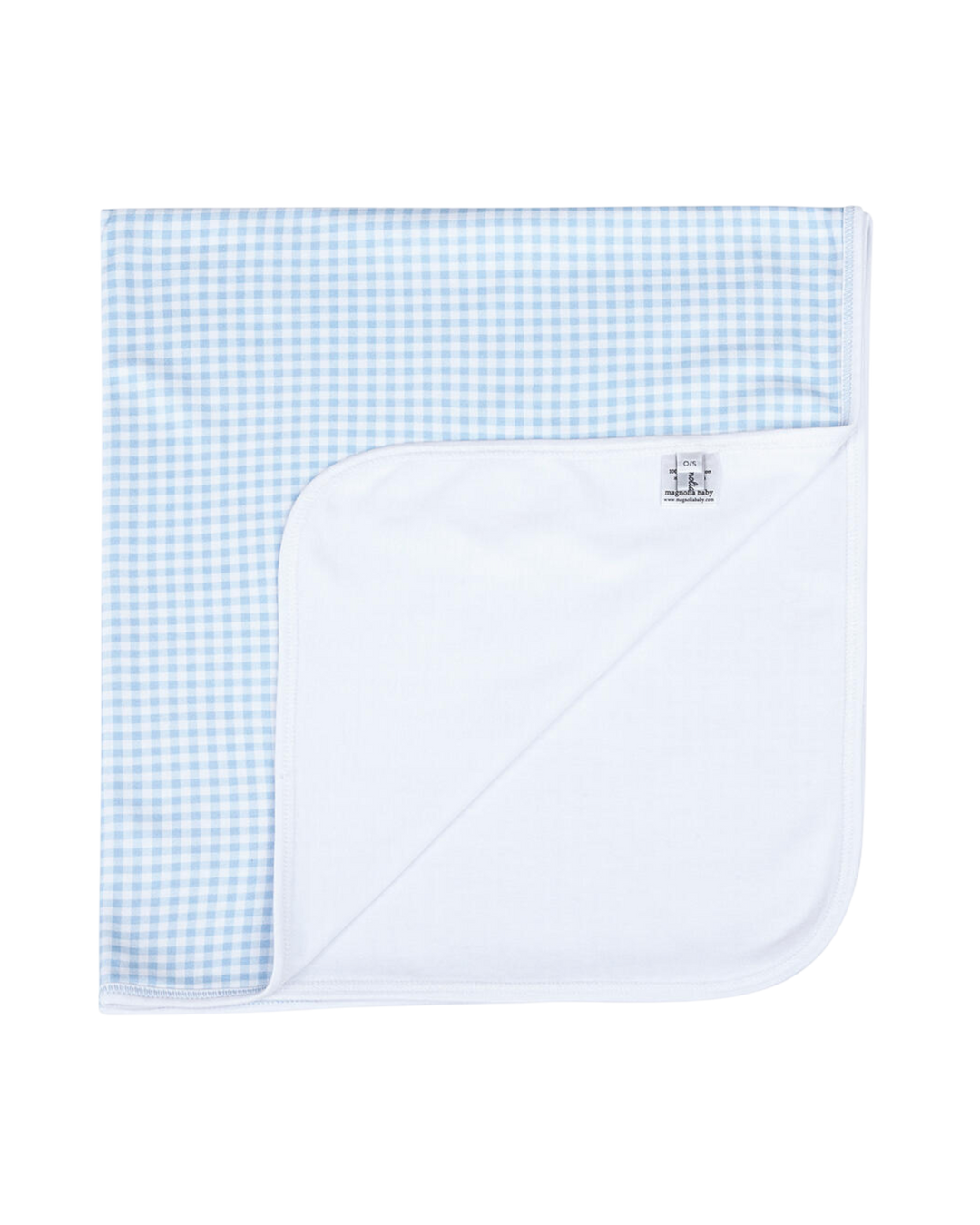 White baby blanket with blue checkered pattern on a white background