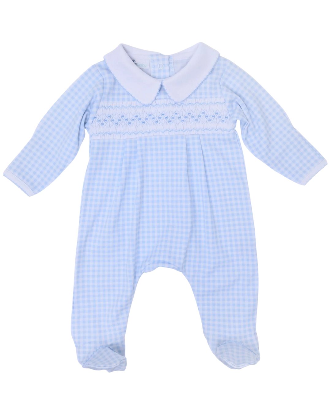 Blue checkered baby romper with white collar on a white background