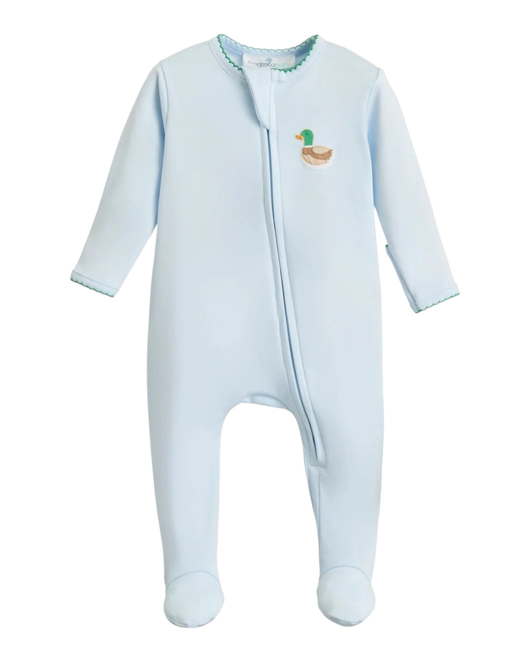 Light blue baby onesie with a duck design on a white background