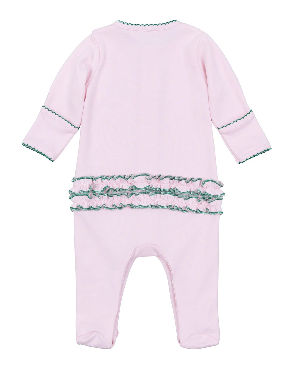 Pink baby onesie with green trim on a white background