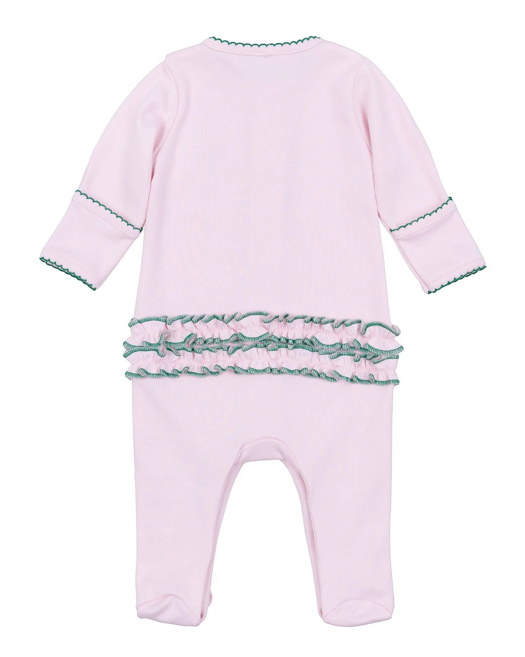 Pink baby onesie with green trim on a white background