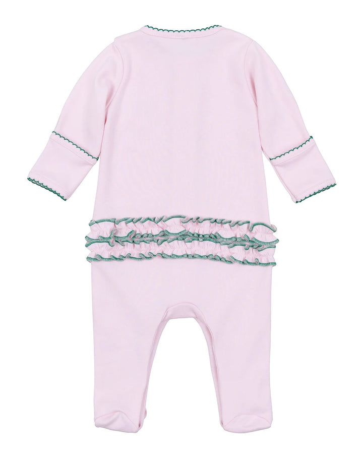 Pink baby onesie with green trim on a white background