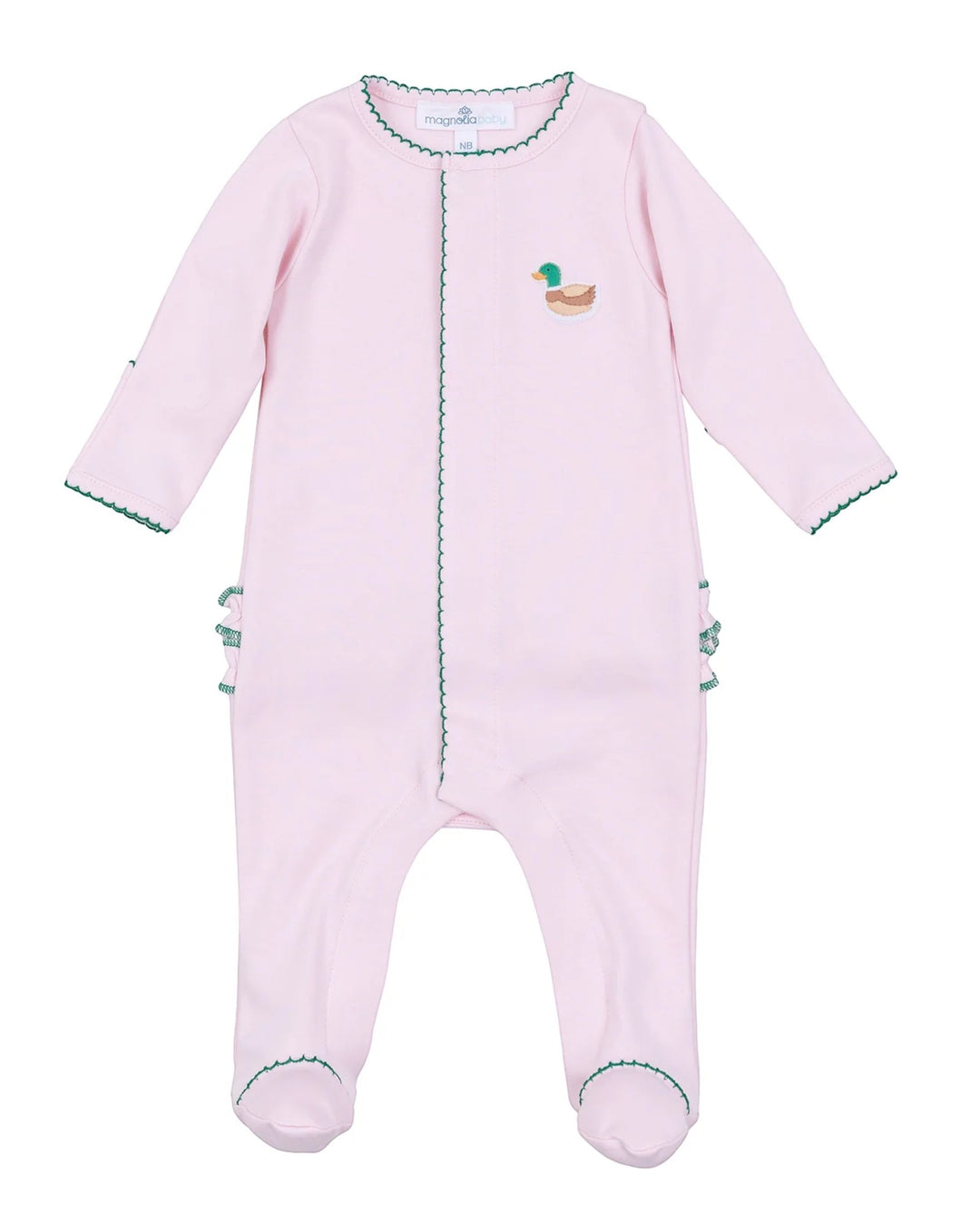Pink baby onesie with duck design on a white background