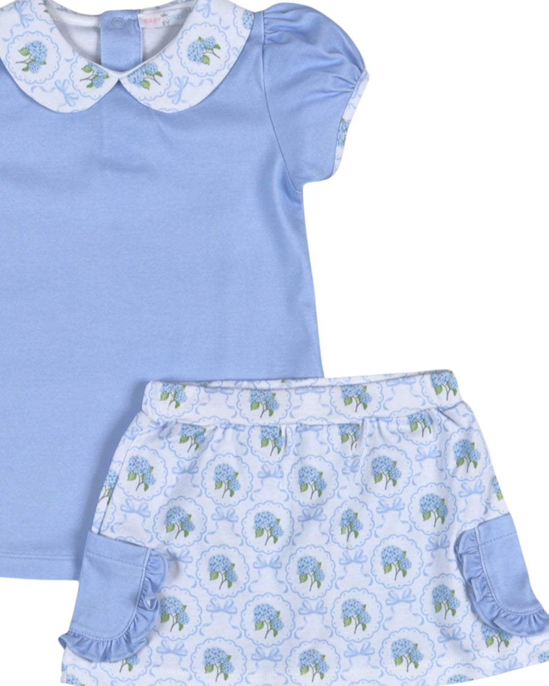Children's outfit with blue top and patterned shorts on a white background