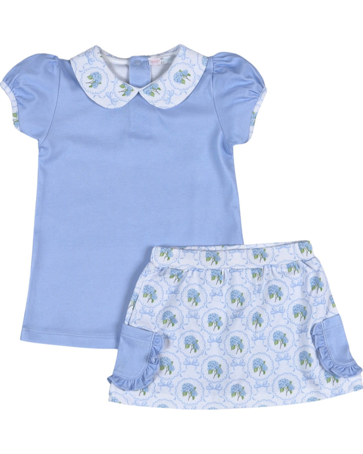 Children's outfit with blue top and skirt featuring elephant pattern on a white background