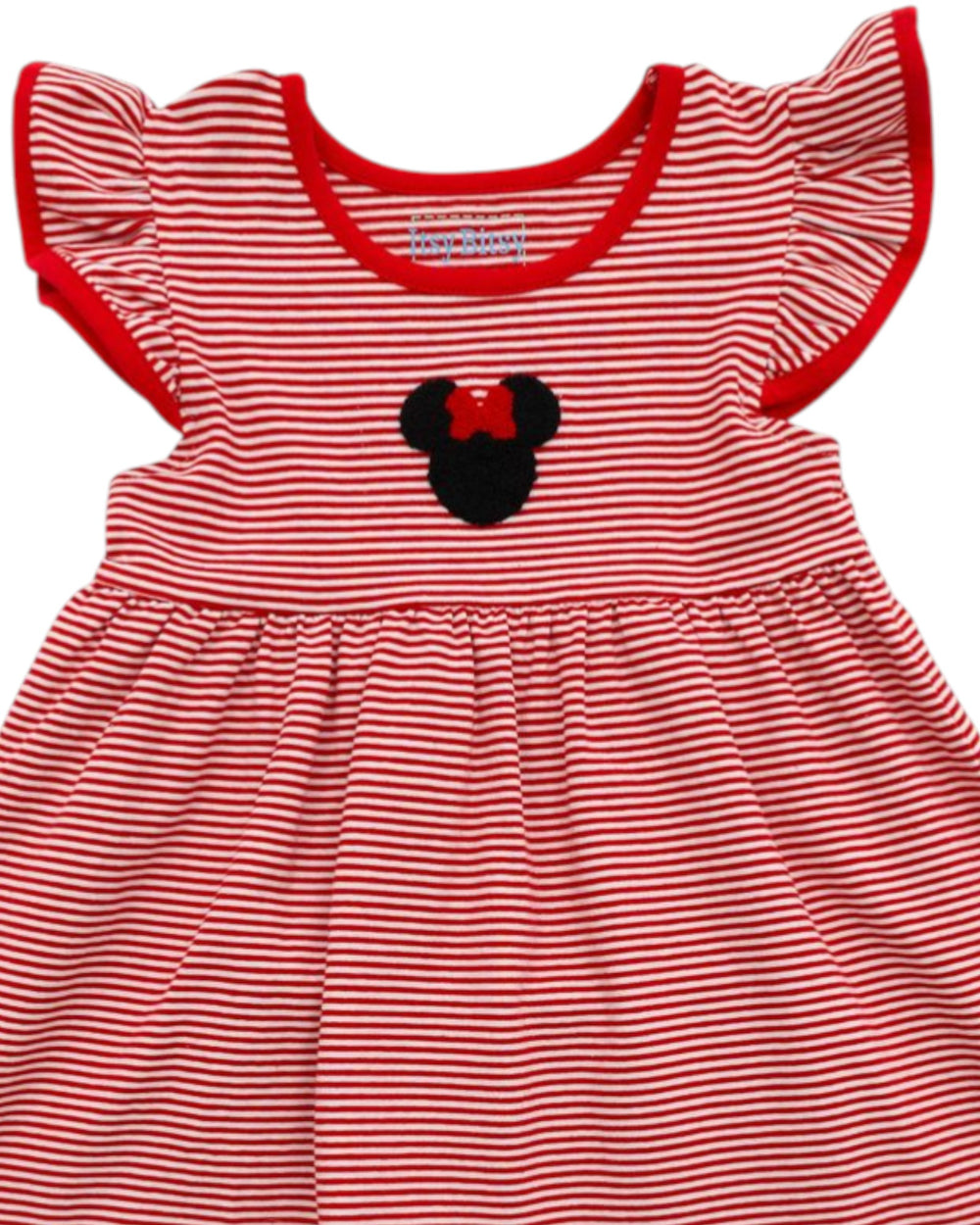 Red and white striped dress with a black mouse head design on a plain background