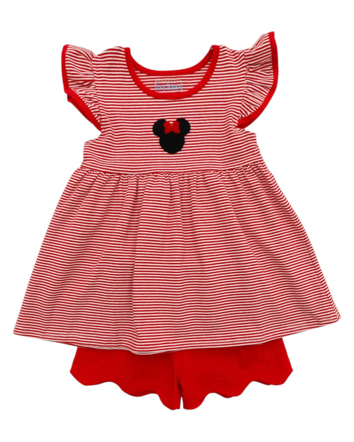 Red and white striped dress with a Minnie Mouse face design on a white background