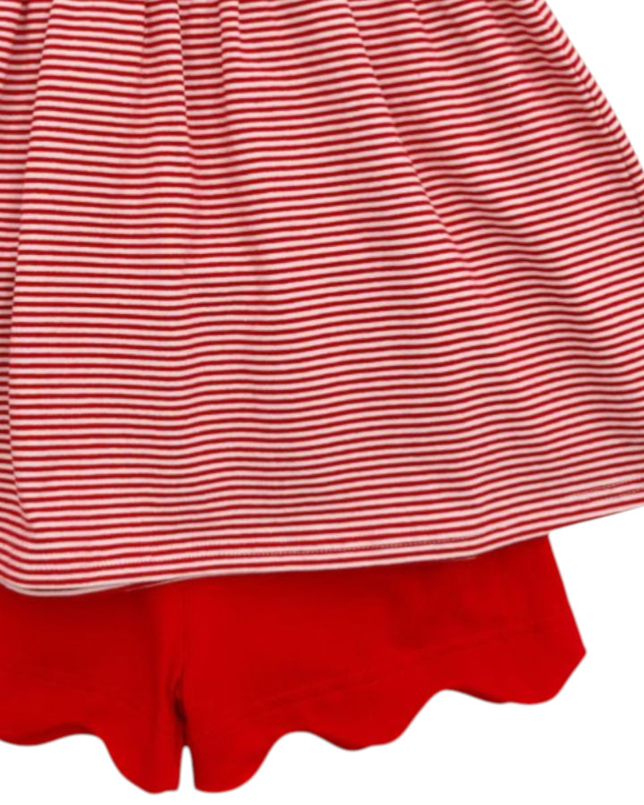Red and white striped dress with a scalloped hem on a white background