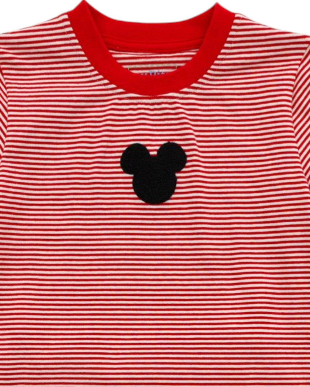 Red and white striped shirt with a black Mickey Mouse ear design on a white background